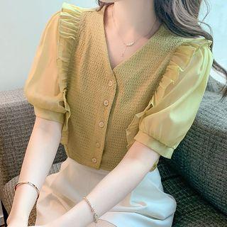 Puff-sleeve V-neck Knit Panel Chiffon Blouse