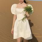 Square-neck Puff-sleeve A-line Dress White - One Size