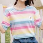 Short-sleeve Flower Embroidered Striped T-shirt