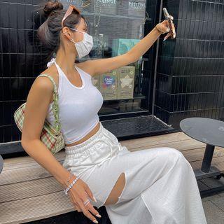 Drawstring Slit Maxi Flare Skirt