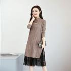 Lace Hem Hoop Detail Mock Neck Long Sleeve Dress