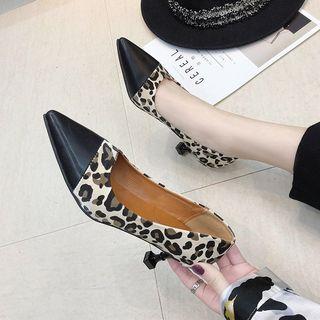 Leopard Print Panel Pointed Kitten Heel Pumps