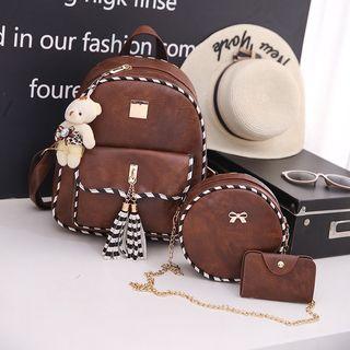 Set: Faux Leather Contrast-trim Backpack + Round Crossbody Bag + Flap Purse
