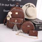 Set: Faux Leather Contrast-trim Backpack + Round Crossbody Bag + Flap Purse