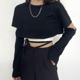 Long-sleeve Elbow-cutout T-shirt / Lace-up Wide Leg Pants / Set