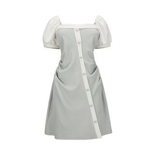 Short-sleeve Two-tone Button-up Mini Sheath Dress