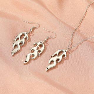 Set: Alloy Flame Dangle Earring + Pendant Necklace 01 - Dz169 - Silver - One Size