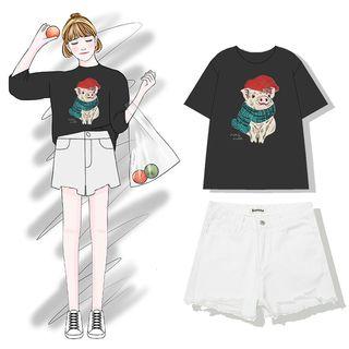 Pig Print Short-sleeve T-shirt / Frayed Trim Denim Shorts