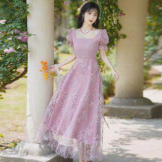 Puff-sleeve Midi Square-neck A-line Lace Dress