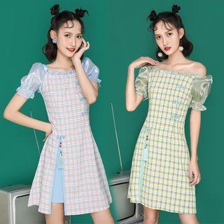 Short-sleeve Off-shoulder Plaid A-line Mini Dress