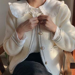 Lace-trim Fuzzy Jacket Cream - One Size