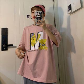 Lettering Bear Short-sleeve Round Neck T-shirt