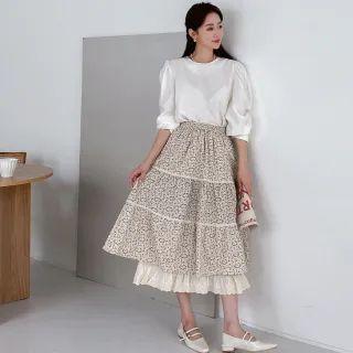 Lace-trim Floral Tiered Midi Skirt