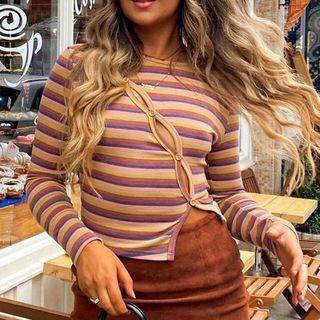 Long-sleeve Striped Asymmetrical Button-up Crop Top