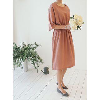 3/4-sleeve Linen Blend Dress With Sash