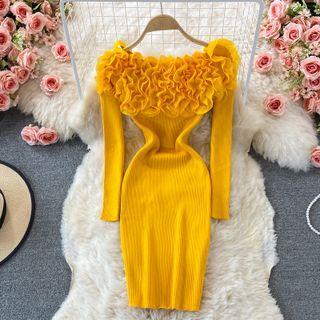 Long-sleeve Ruffle Knit Sheath Dress