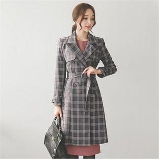 Double-breasted Plaid Trench Coat With Sash Navy Blue - One Size