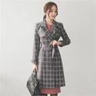Double-breasted Plaid Trench Coat With Sash Navy Blue - One Size