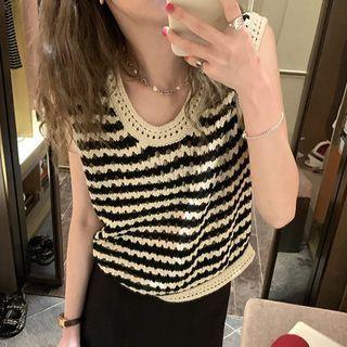 Black & White Striped Pointelle-knit Tank Top