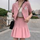 Short-sleeve Single-breasted Cropped Blazer / Pleated Mini A-line Skirt / Shirt / Tie / Set
