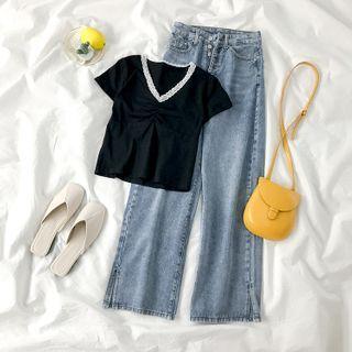 Lace Trim Short-sleeve Top / Wide-leg Jeans