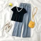 Lace Trim Short-sleeve Top / Wide-leg Jeans