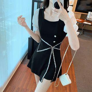 Set: Puff-sleeve Sequined Trim A-line Dress + Shorts