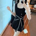 Set: Puff-sleeve Sequined Trim A-line Dress + Shorts
