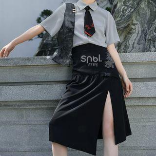 Short-sleeve Mock Two-piece Embroidered Shirt / Asymmetrical Midi A-line Skirt