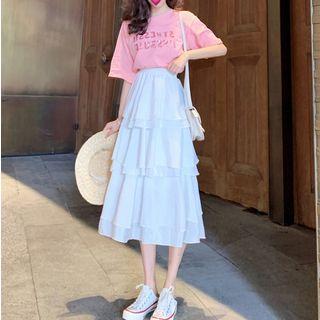 Set: Elbow-sleeve Letter T-shirt + Tiered Midi Skirt