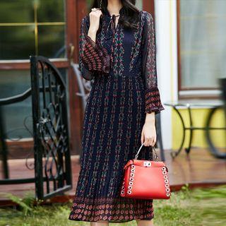 Patterned Long Sleeve Midi Pleated Dress