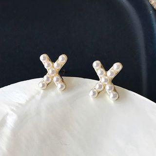 Faux Pearl Cross Stud Earring 1 Pair - S925 Sterling Silver Stud Earring - One Size