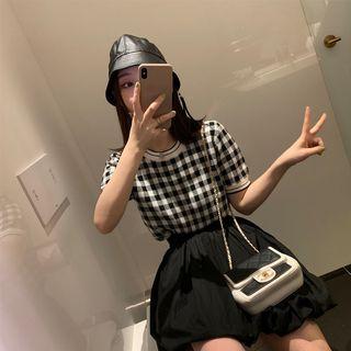 Short-sleeve Striped Plaid Knit Top