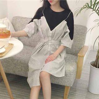 Striped Asymmetric Mock Two-piece Dress