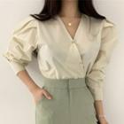 V-neck Puff Sleeve Blouse Almond - One Size