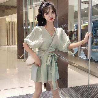 Set: V-neck Elbow-sleeve Blouse + High-waist Wide-leg Shorts