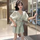 Set: V-neck Elbow-sleeve Blouse + High-waist Wide-leg Shorts