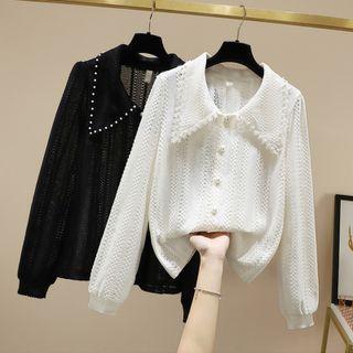 Faux Pearl Collared Pointelle Knit Cardigan