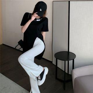 Short-sleeve Plain Split T-shirt / High-waist Split Bell-bottom Pants