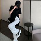 Short-sleeve Plain Split T-shirt / High-waist Split Bell-bottom Pants