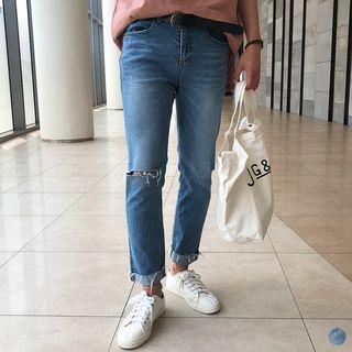 Slit-knee Fray-hem Jeans