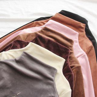 Letter Embroidered Mock Neck Long Sleeve Velvet T-shirt