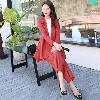 Set: Long-sleeve Open-front Top + Wide-leg Pants