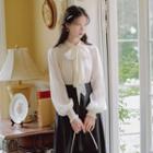 Long-sleeve Tie-neck Blouse / Midi A-line Skirt / Set