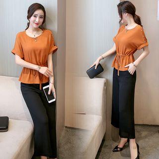 Set: Batwing-sleeve Top + Wide-leg Cropped Pants