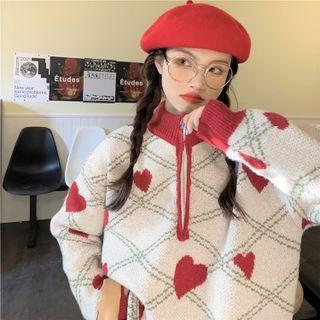 Heart Pattern Loose-fit Sweater Red - One Size