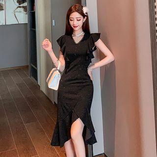 V-neck Ruffle Trim Midi Bodycon Dress