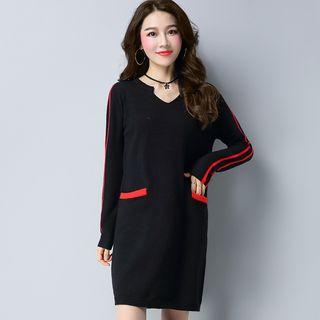 V-neck Striped Trim Long-sleeve Knit Dress