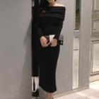 Off-shoulder Long-sleeve Sheath Midi Dress Black - One Size
