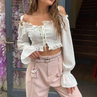 Lace Up Front Trumpet Sleeve Top